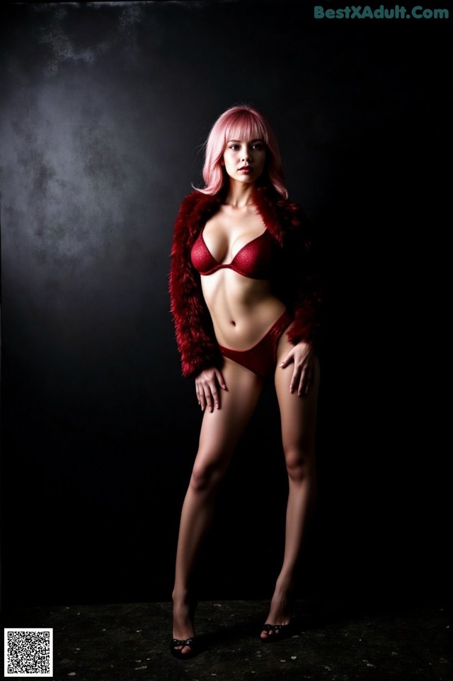 A woman in a red lingerie posing for a picture.