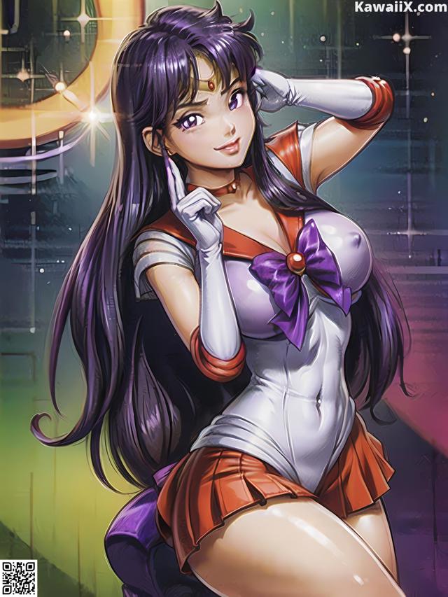 A woman with long purple hair is posing for a picture.