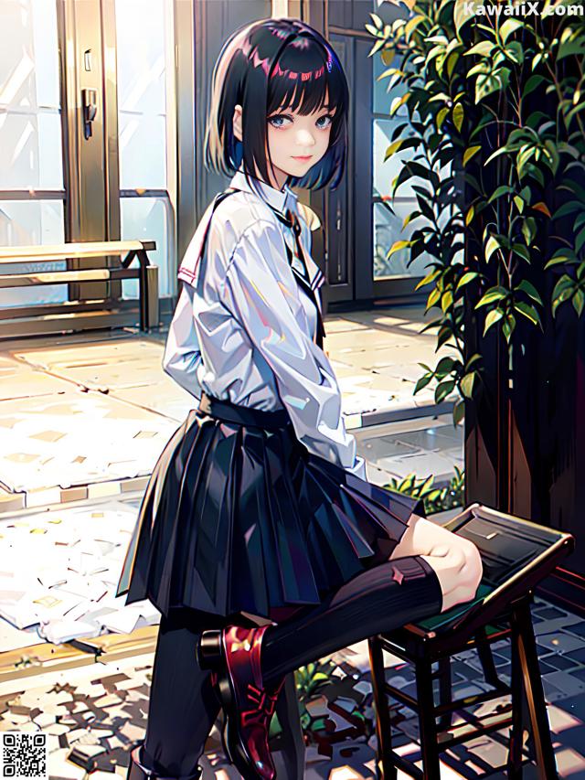 A girl in a school uniform sitting on a chair.