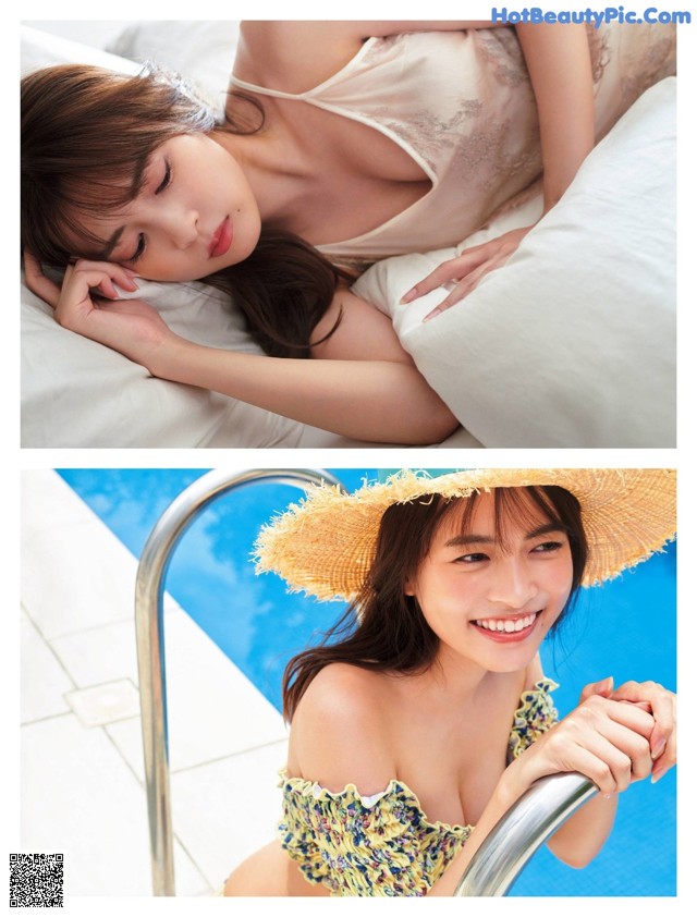 A woman in a straw hat laying on a bed next to a pool.