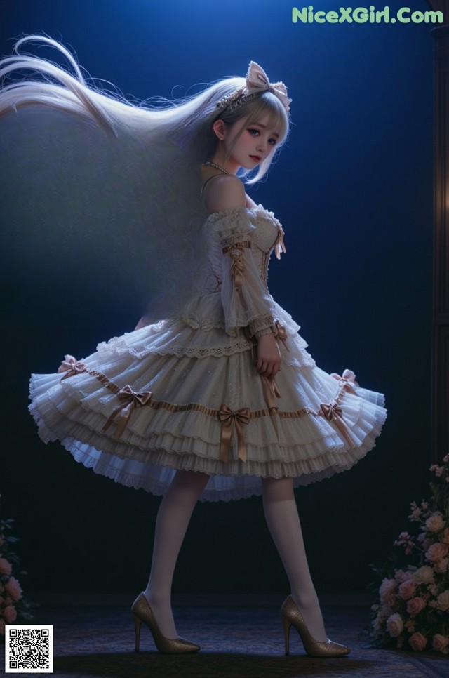 A woman in a white dress with long blonde hair.