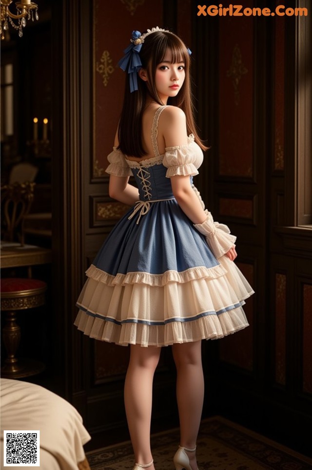 A woman in a blue and white dress standing in a room.