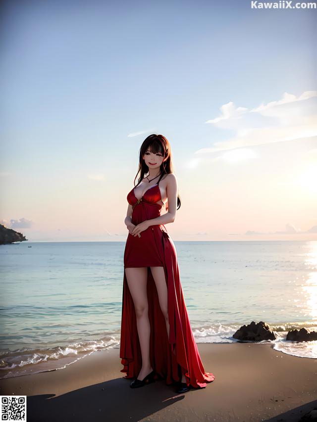 A woman in a red dress standing on a beach.