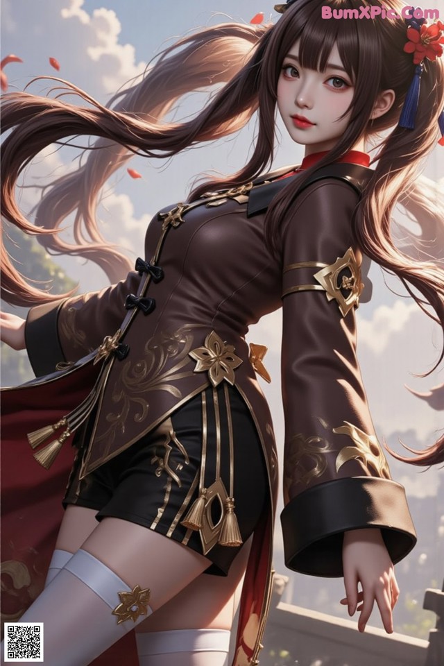 A woman in a brown and black outfit with long hair.
