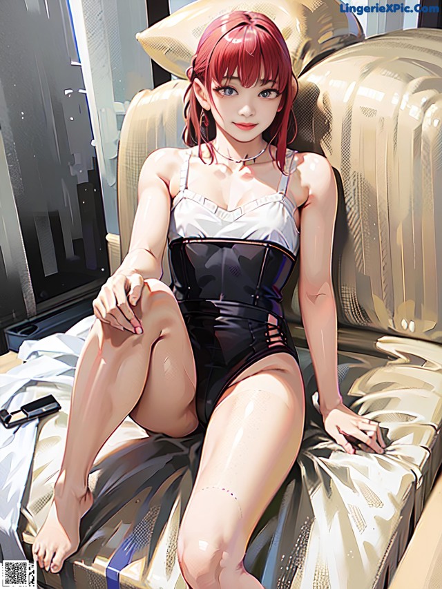 A woman sitting on top of a couch next to a window.