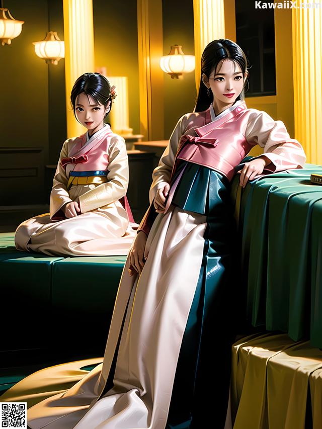 A couple of women sitting on top of a bed.