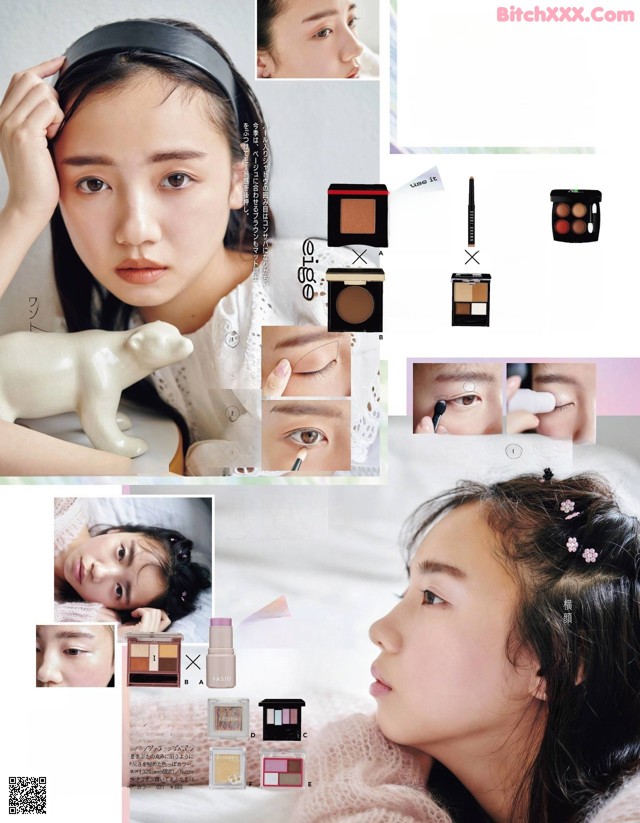 A magazine page with a picture of a woman with makeup.