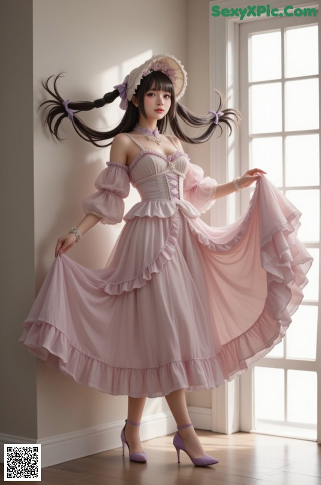 A woman in a pink dress and hat posing for a picture.