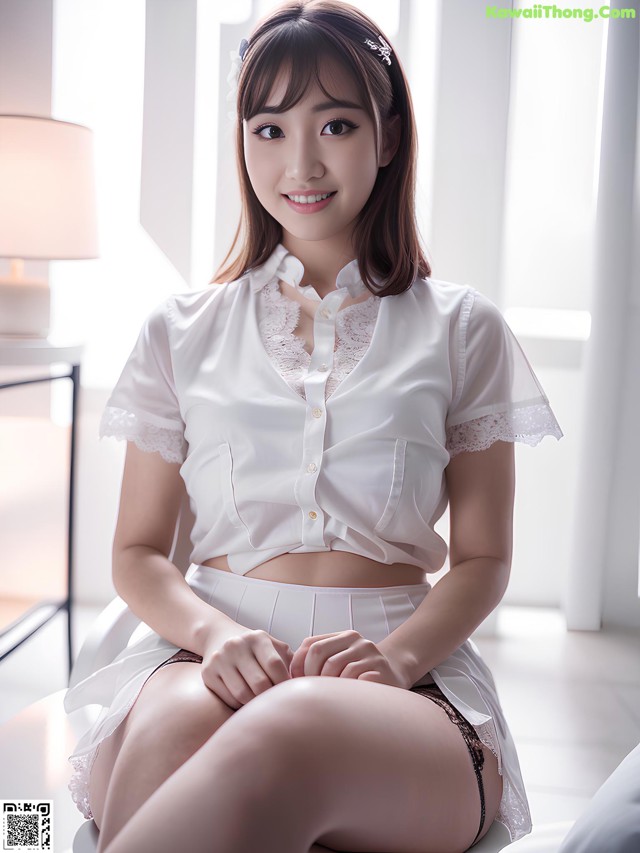 A woman in a white shirt and skirt sitting on a bed.