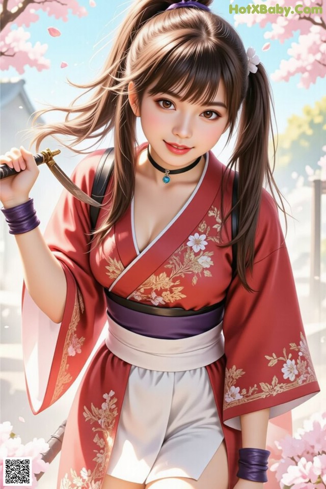 A woman in traditional attire holds a sword, surrounded by cherry blossoms.