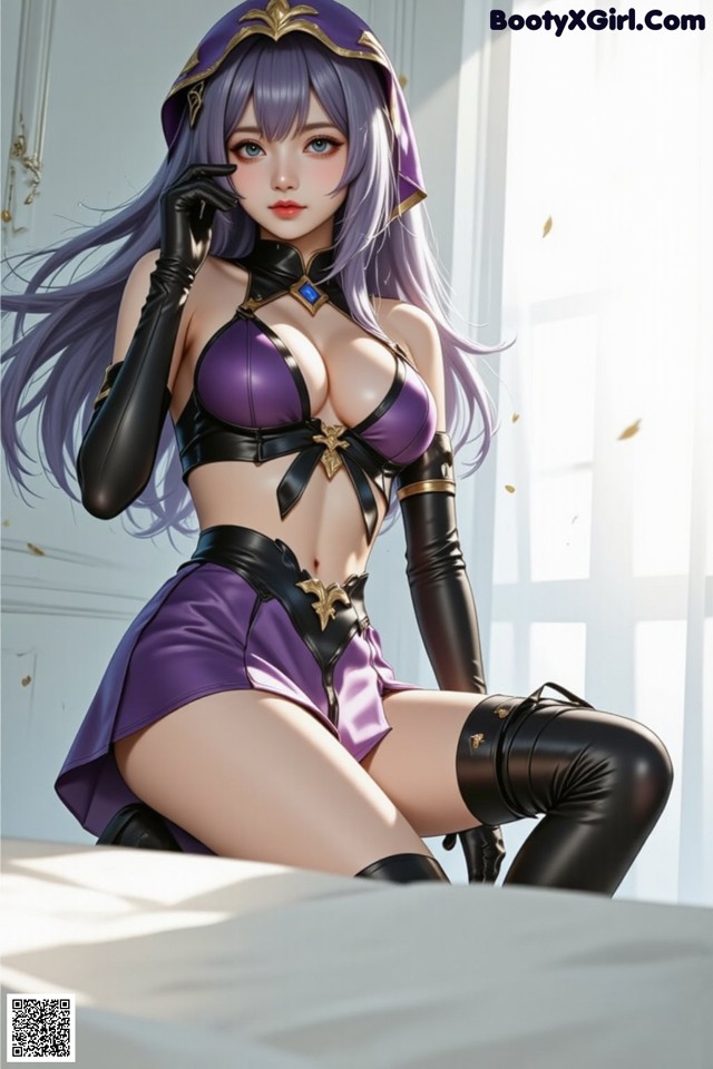 A woman in a purple outfit sitting on a bed.