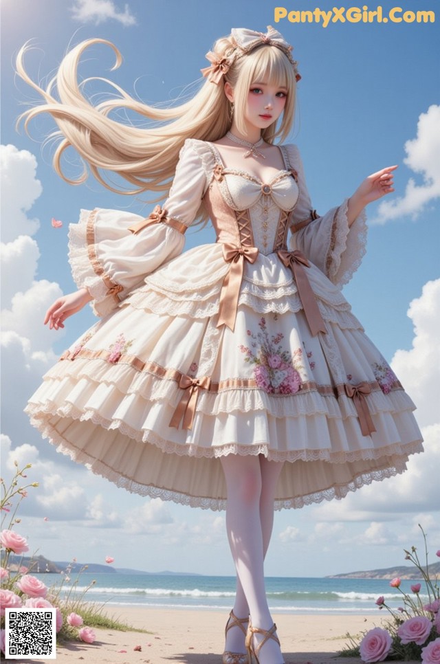 A woman in a dress standing on a beach next to the ocean.