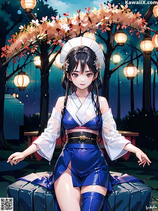 A woman in a blue and white kimono sitting on a bench.