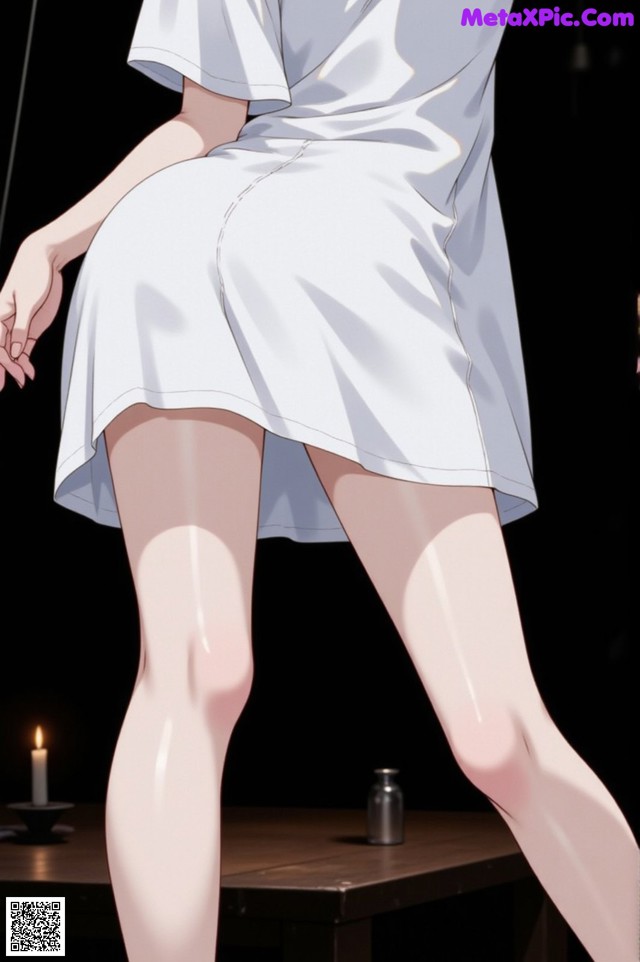 A woman in a white dress standing on a stage.